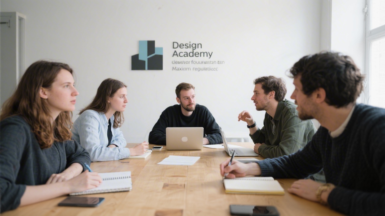 Small group discussion around a table with notebooks and laptops, capturing the early foundation and collaborative spirit of a new design academy