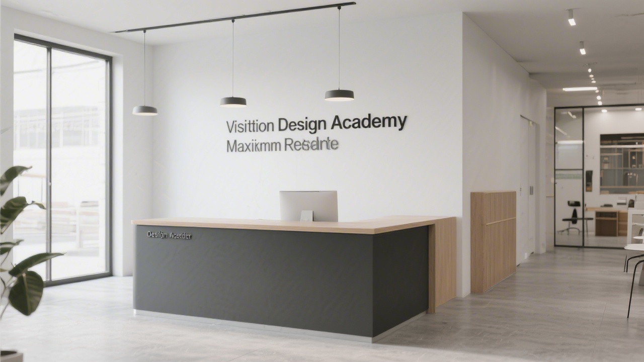 Reception desk in a modern educational studio with simple signage, indicating a professional contact point for visiting the design academy