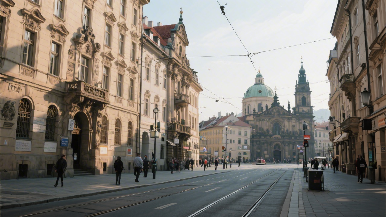 City street in Prague with historic buildings and tram lines, illustrating the central location near Karlovo náměstí where the academy is based
