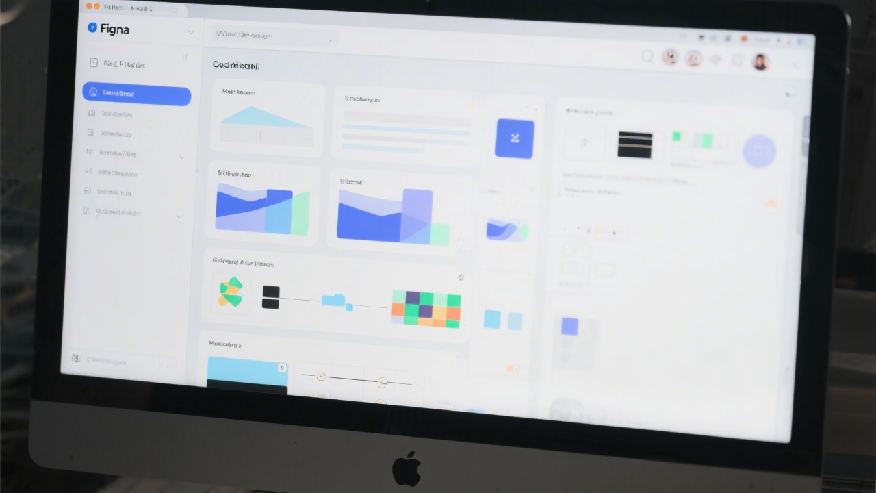Close-up of computer screen with Figma interface, organized layers and components, demonstrating clean UI layout and collaborative design workspace