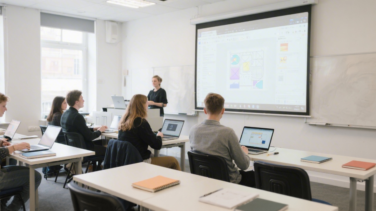 Bright classroom in Prague with students collaborating on laptops, large screen showing design workflow, notebooks on desks and modern interior suitable for intensive web design training