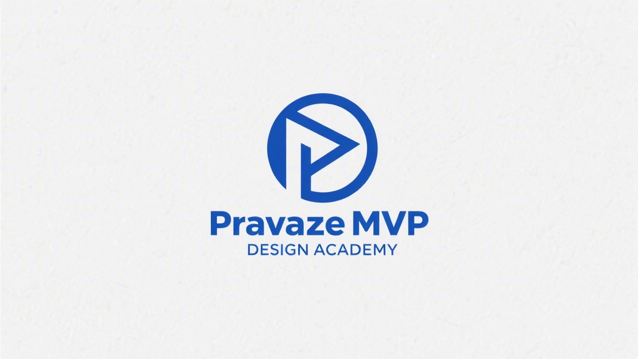 Simple geometric logo with clean blue lettering Prague MVP Design Academy, minimal circular icon and straight typography suitable for professional education brand