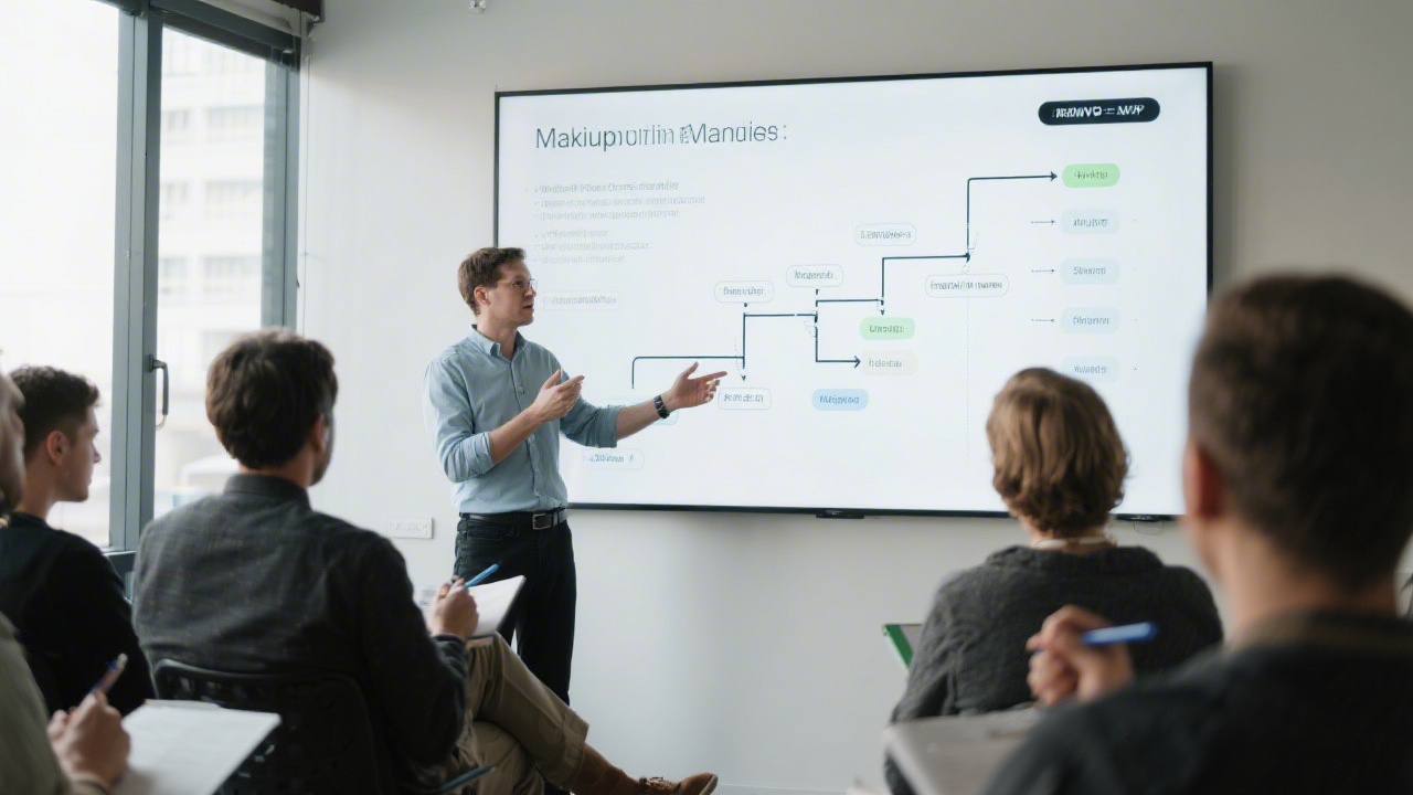 Facilitator explaining MVP roadmap on a large screen with audience taking notes, illustrating structured service offering for startup teams