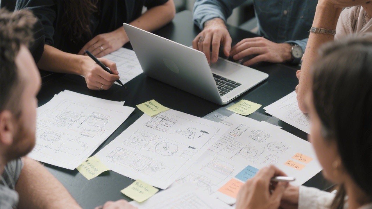 Team collaborating around a laptop with printed wireframes and design notes, showcasing a structured process for MVP development and web launch