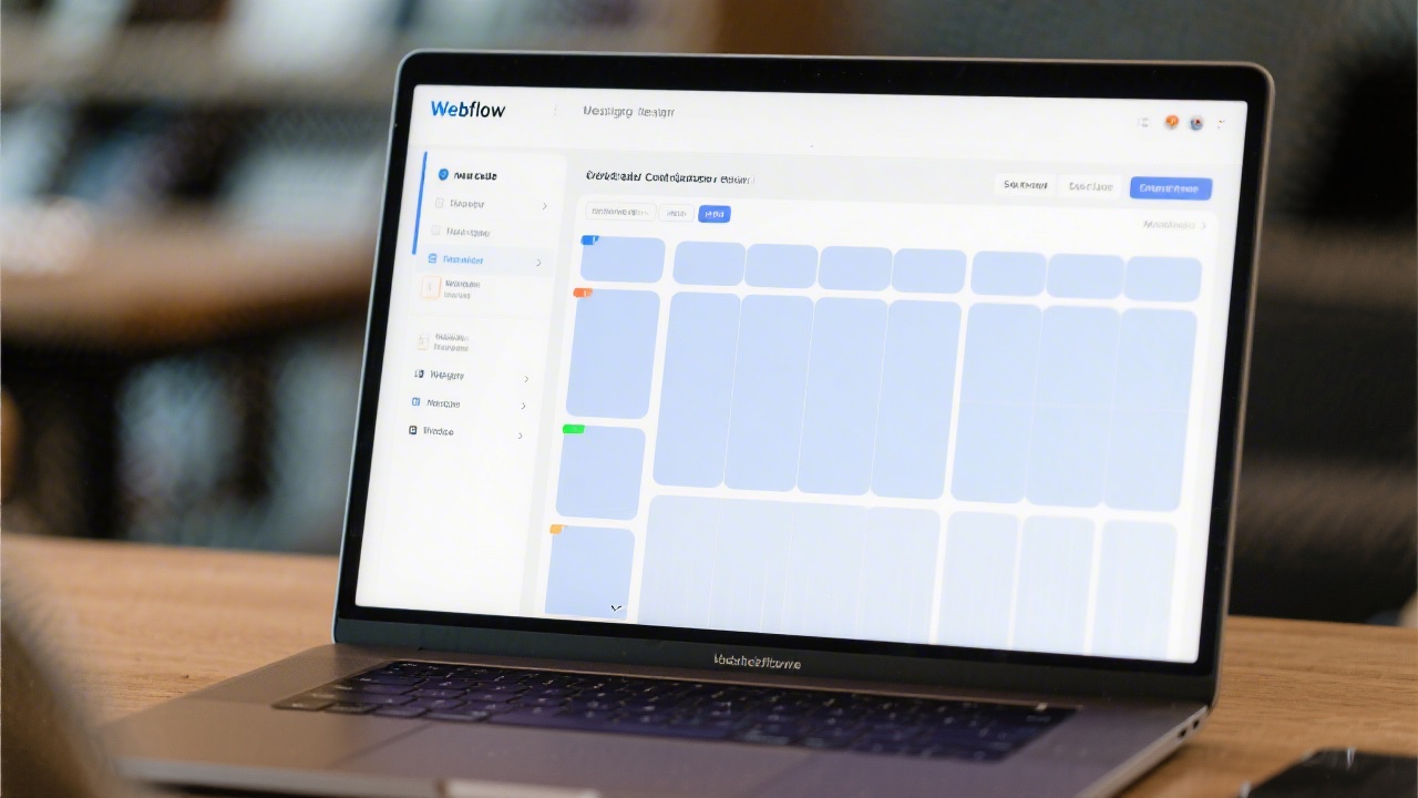 Laptop showing Webflow designer with responsive layout settings, sections and grids, illustrating no-code website construction workflow