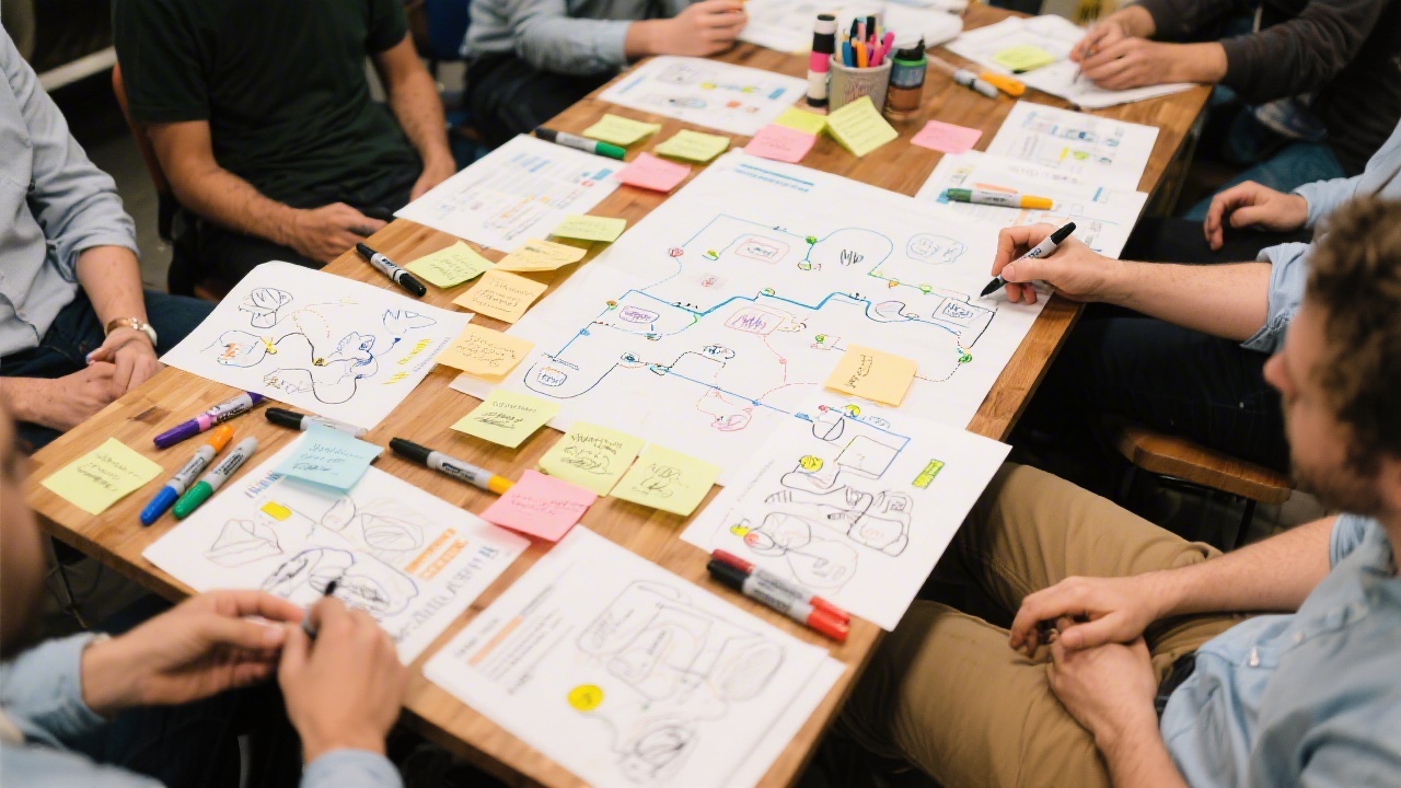 Workshop table with sticky notes, sketches, markers and printed user journey maps, showing collaborative MVP planning and structured design sprint activities
